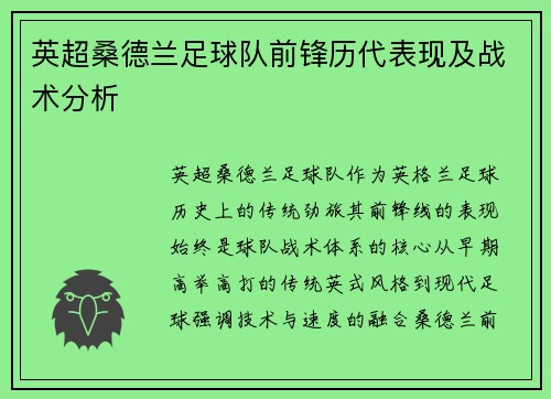 英超桑德兰足球队前锋历代表现及战术分析
